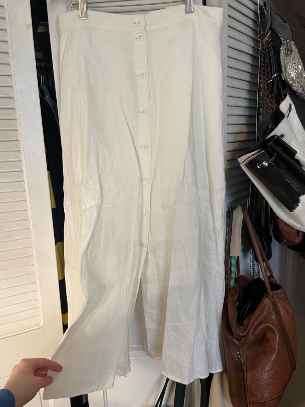 Button-Front White Linen Skirt